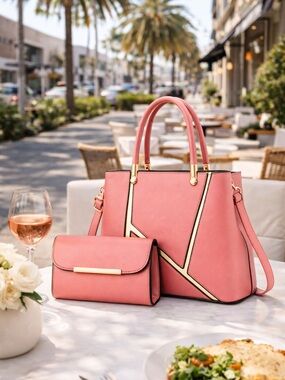 Elegant Pink 2 Piece Satchel and Clutch Set with Gold Accents